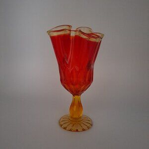 Fenton Retro Orange Glass Pedestal Vase Vintage Amberina Handkerchief Vase